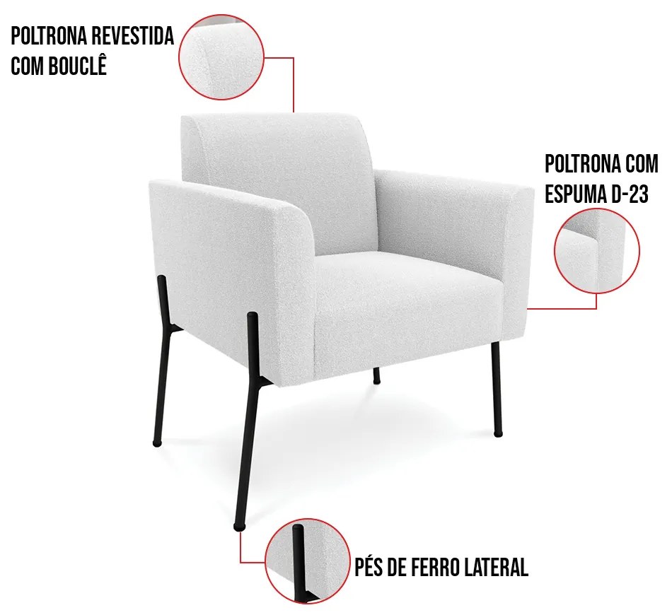 Namoradeira e 2 Poltronas Pé Ferro Preto Marisa Bouclê D03 - D'Rossi - Off White