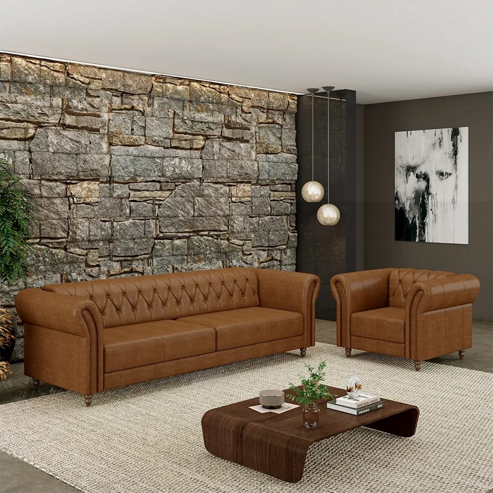 Conjunto Sala de Estar 1 Sofá Living 200cm e 1 Poltrona Stanford Chesterfield Pés Madeira Couro Mel Manchado G58 - Gran Belo