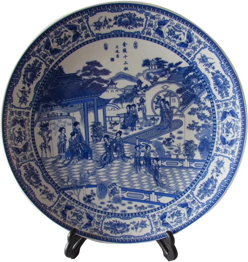 Prato Decorativo em Porcelana Paisagem Azul e Branco D35cm