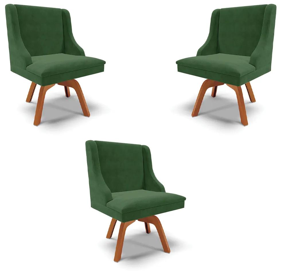Kit 3 Cadeiras Decorativas Sala de Jantar Base Giratória de Madeira Firenze Suede Verde Esmeralda/Natural G19 - Gran Belo