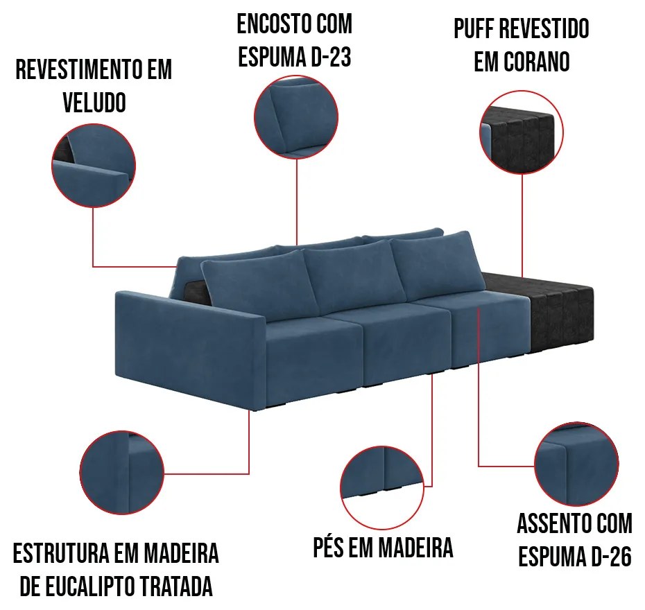 Sofá Ilha 3 Lugares Living 402cm Modulado Sala Lary Veludo Azul Marinho/PU Pto K01 - D'Rossi