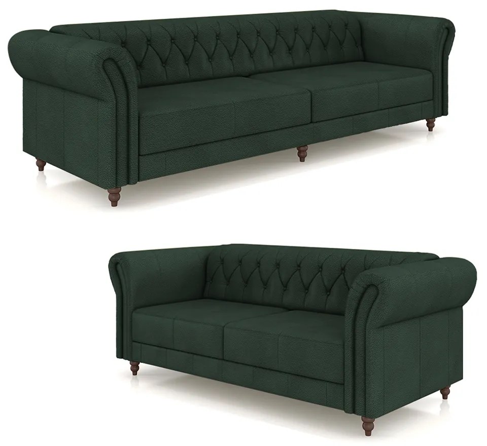 Conjunto de Sofá Sala de Estar Stanford Chesterfield 2 e 3 Lugares 180cm/240cm Pés Madeira Couro Verde G58 - Gran Belo