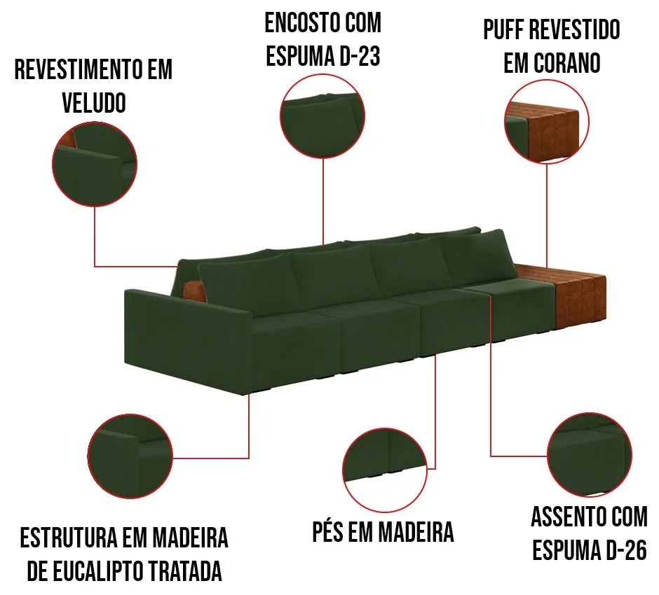 Sofá Ilha 4 Lugares Living 432cm Modulado para Sala Lary Veludo Verde K01 - D'Rossi