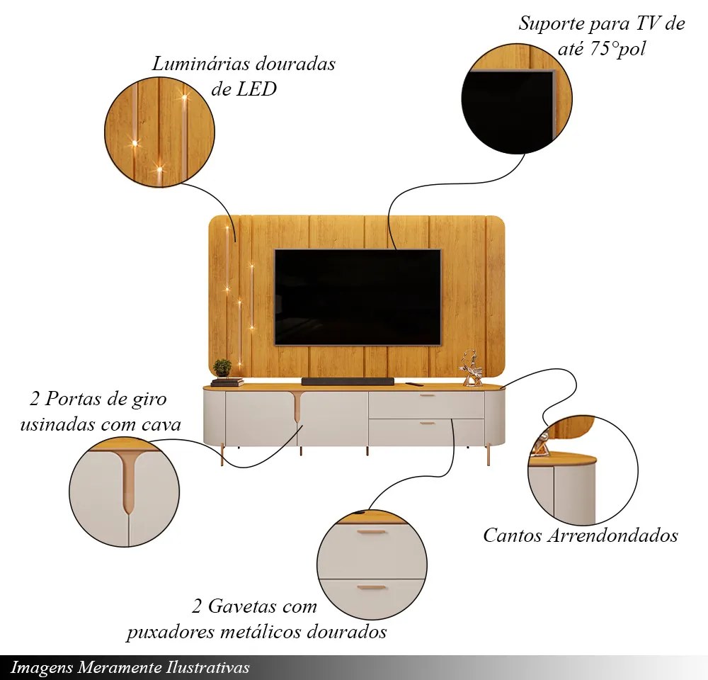 Painel com Bancada Celine Pés Metalicos em Dourado 241cm com LED Off White/Mel G18 - DJ Móveis