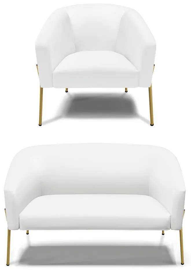 Sofá Namoradeira e Poltrona Pé de Ferro Dourado Stella Sintético Branco D03 - D'Rossi