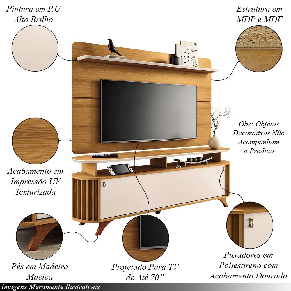 Conjunto Decorativo Bancada e Painel Kirby TV até 70 Polegadas Cinamomo/Off White G26 - Gran Belo