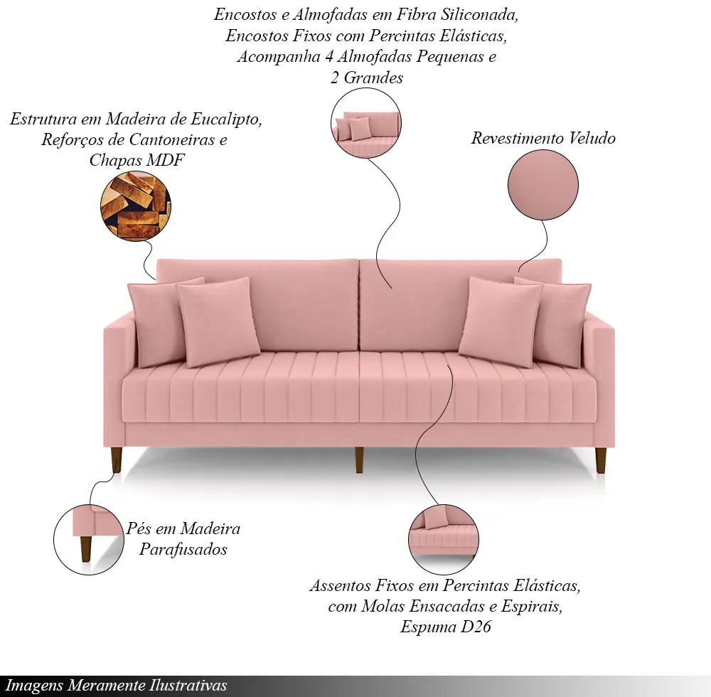 Sofá Living Decorativo Hamburgo 2 Lugares 156cm com Almofadas Pés em Madeira Veludo Rosê G33 - Gran Belo