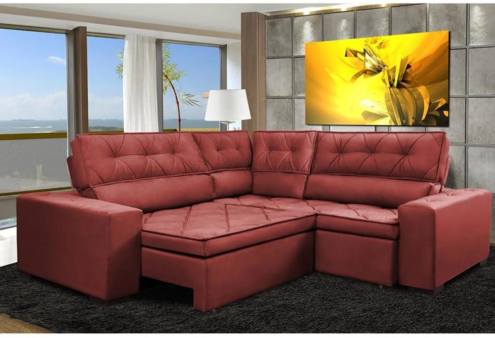 Sofa de Canto Retrátil e Reclinável com Molas Cama inBox Austin 2,60m x 2,60m Suede Velusoft Vermelho