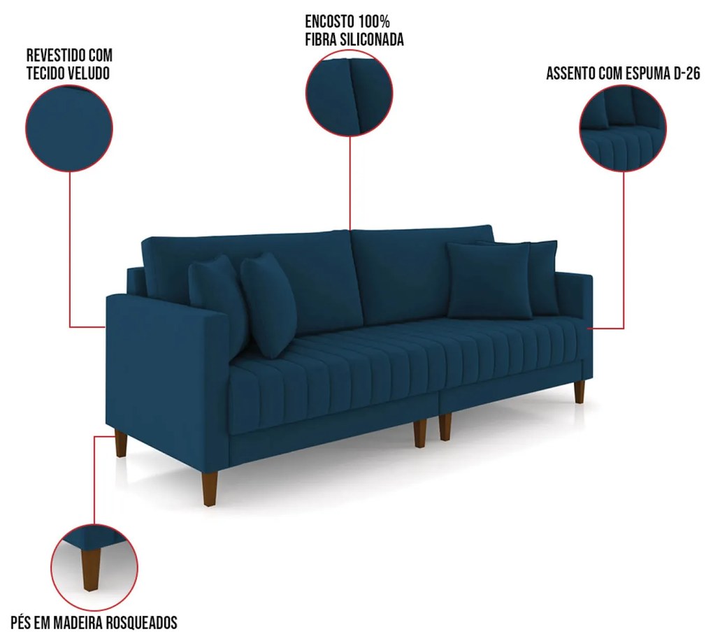 Sofá 3 Lugares Living 196cm Pés Madeira Cléo Veludo Azul K01 - D'Rossi