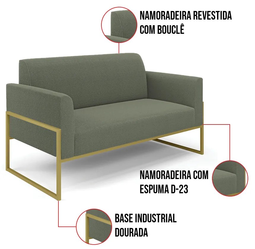 Namoradeira e 2 Poltronas Industrial Alta Dourado Marisa Bouclê Pistache D03 - D'Rossi