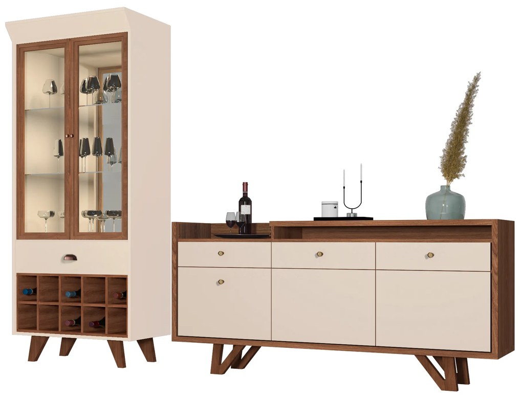 Conjunto Cristaleira e Buffet Aparador Decorativo Andorra/Noeli Nature/OffWhite G26 - Gran Belo