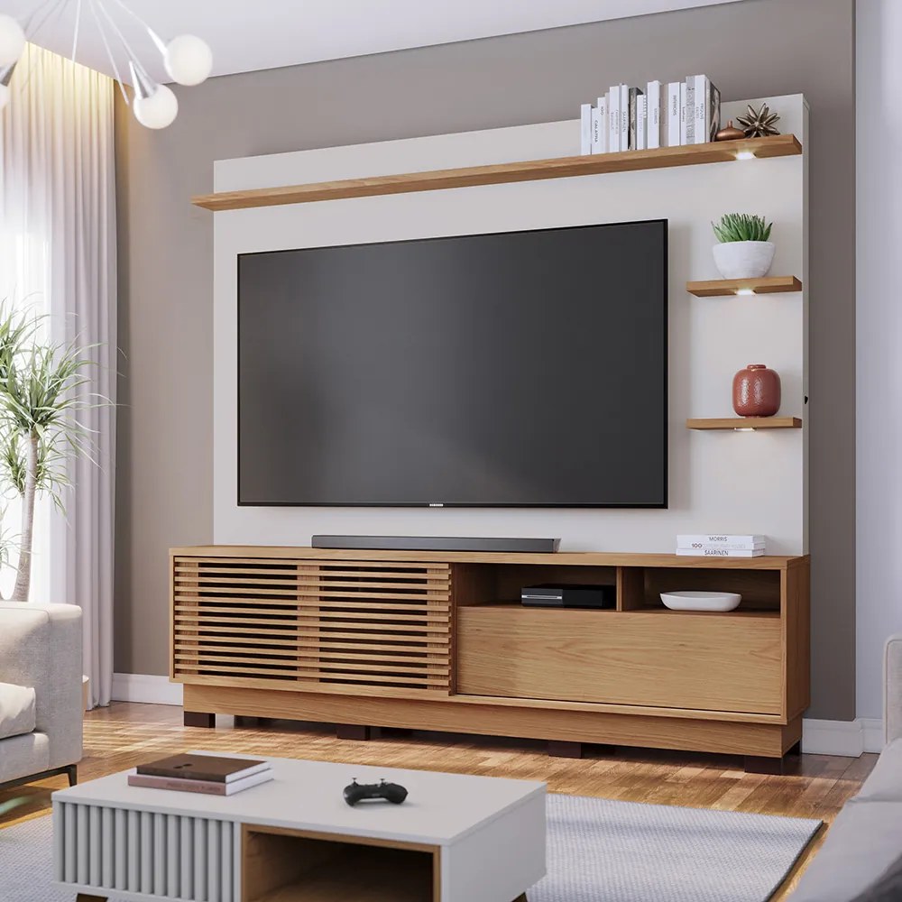Estante de TV 70 Polegadas 200cm com Led Lidia C04 - D'Rossi - Freijó e Off White Matte