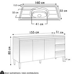 Balcão de Cozinha Com Pia Inox 160cm 3 Gavetas Andréia Branco - AJL Mó