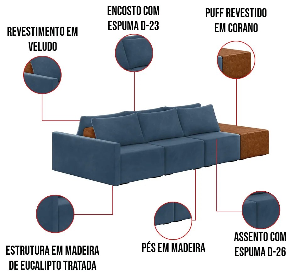 Sofá Ilha 3 Lugares Living 342cm Modulado para Sala Lary Veludo K01 - D'Rossi - Azul Marinho