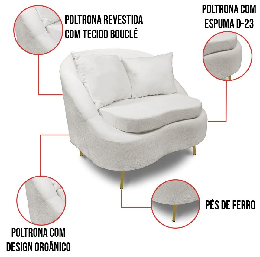 Poltrona Decorativa Orgânica Pé Ferro Dou Kit 2 Zaya Bouclê Off Wte C05 - D'Rossi