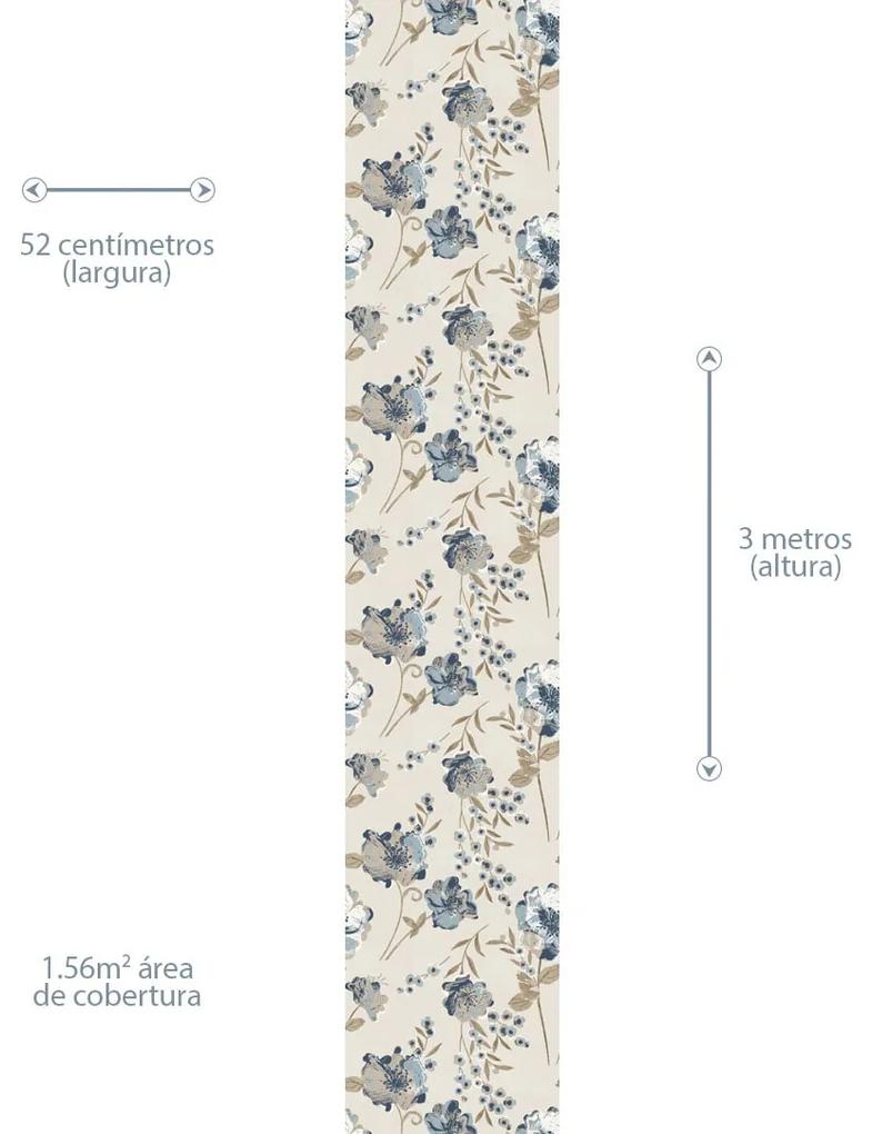 Papel de Parede Floral Azul Marrom e Bege 0.52m x 3.00m