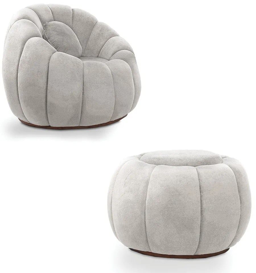 Poltrona Decorativa Orgânica Giratória com Puff Cloud Bouclê E03 - D'Rossi - Cinza claro