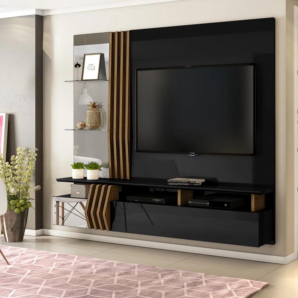Painel Tv Home Loris Preto Gloss Tronco Ripado para TVs até 55" Dj Móveis
