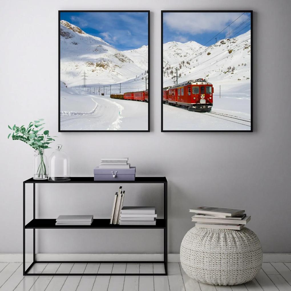 Quadro Oppen House    70x100cm Trem Vermelho na Neve Decorativo Interiores Sala de Estar Quartos Moldura Preta Com Vidro