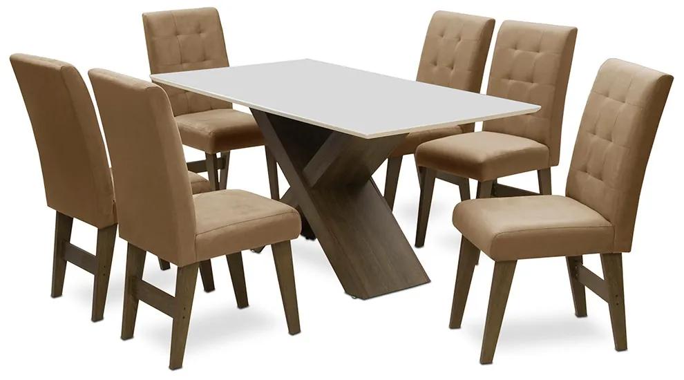 Conjunto Mesa de Jantar com 06 cadeiras Agata 180cm Castanho/Branco Off/Mascavo - ADJ DECOR