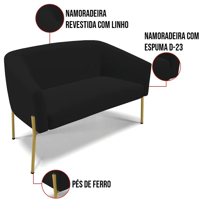 Sofá 2 Lugares Namoradeira Pé de Ferro Dourado Stella Linho D03 - D'Rossi - A79 Preto