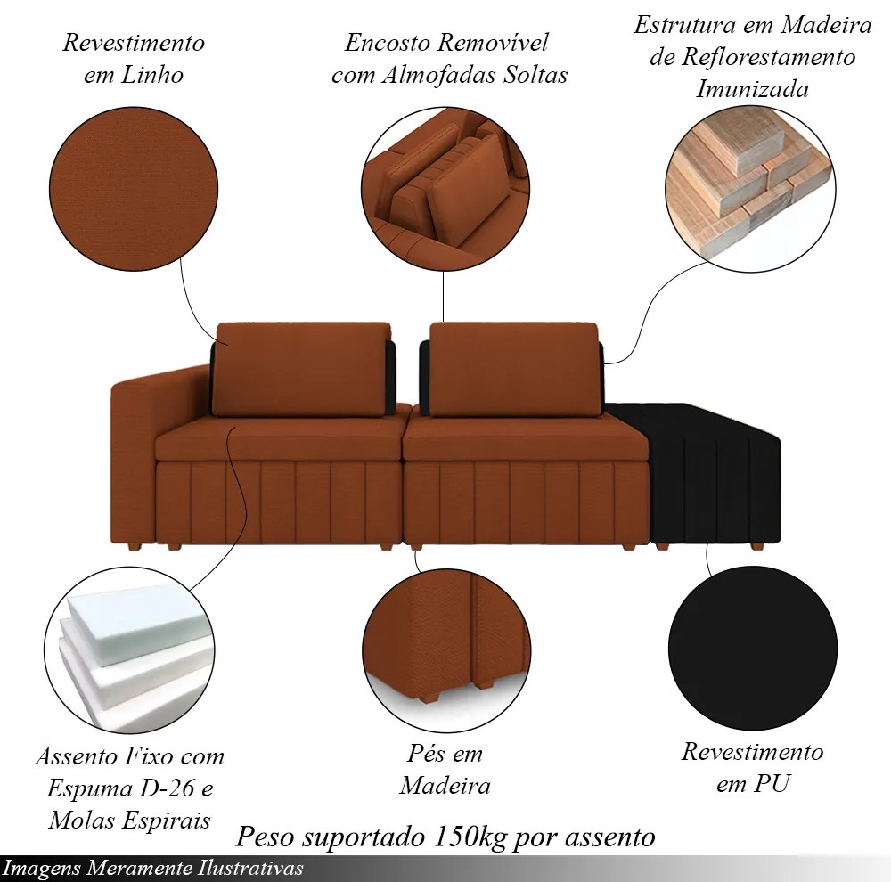 Sofá Ilha com Encosto e Almofadas Móveis Olimpo 265cm Modulado Linho/PU Terracota/Preto G45 - Gran Belo