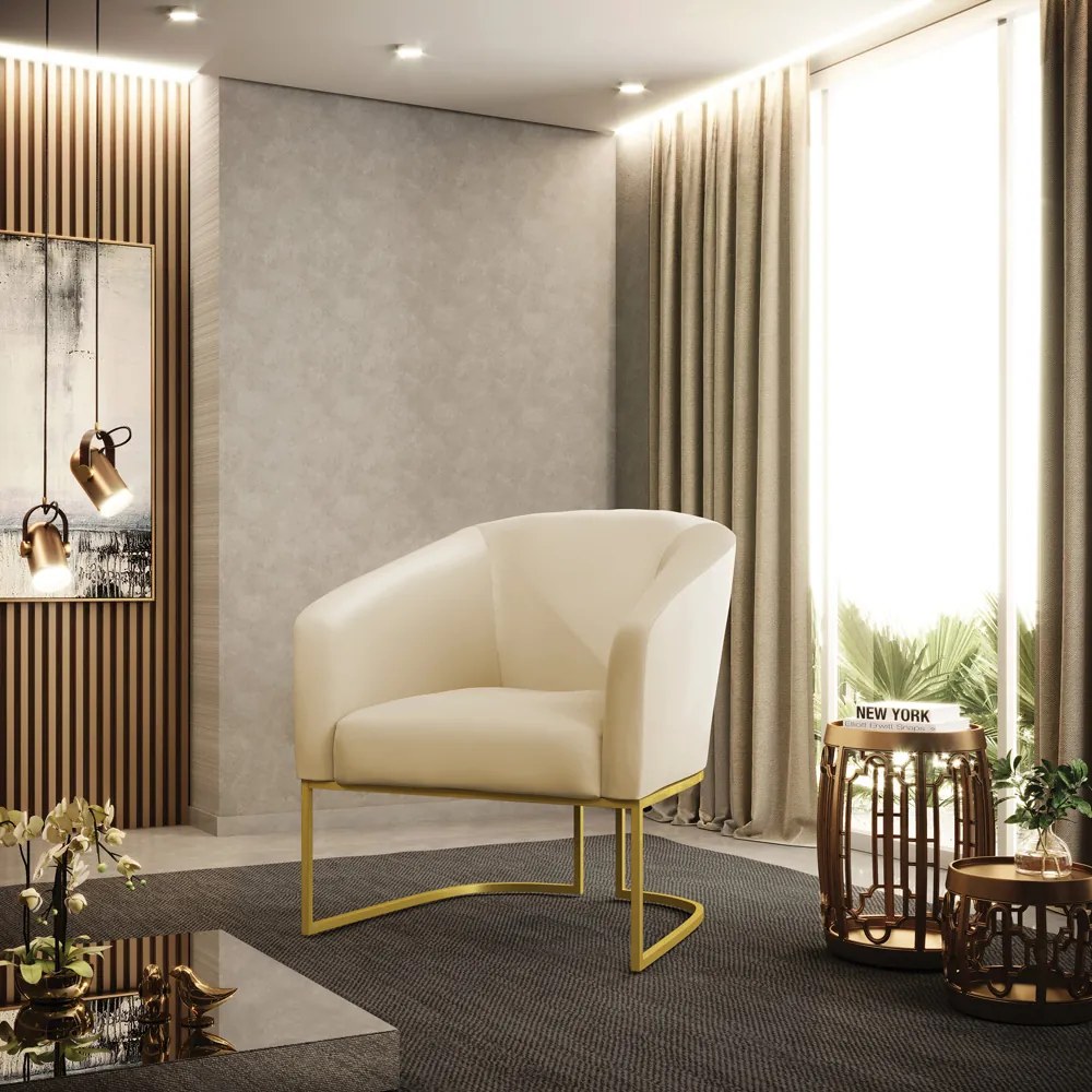 Poltrona Decorativa Industrial Dourado kit 2 Stella Sintético D03 - D'Rossi - Bege