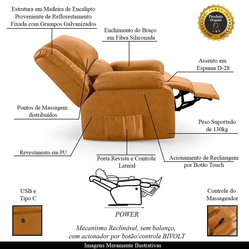 Poltrona do Papai Reclinável Melim Power Touch Massagem PU Whisky FH1 - D'Rossi