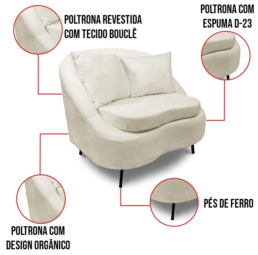 Poltrona Decorativa Orgânica Pé Ferro Pto Kit 2 Zaya Bouclê C05 - D'Rossi - Bege