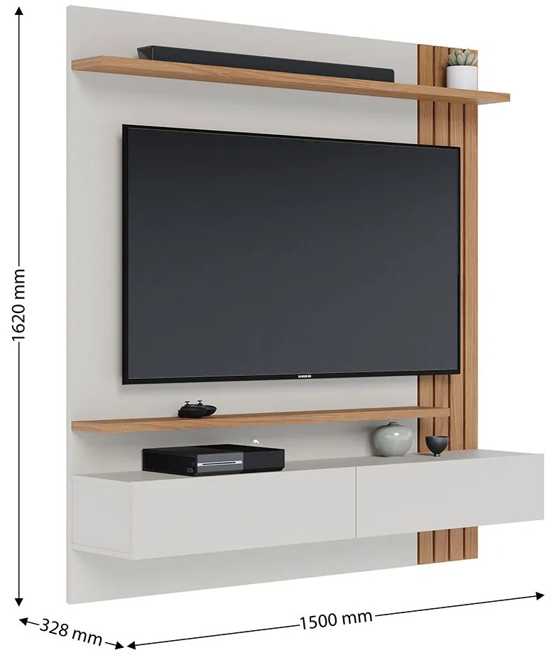 Painel TV 65 Pol 150cm Bancada Suspensa Ripado Luca C04 - D'Rossi - Off White Matte e Freijó