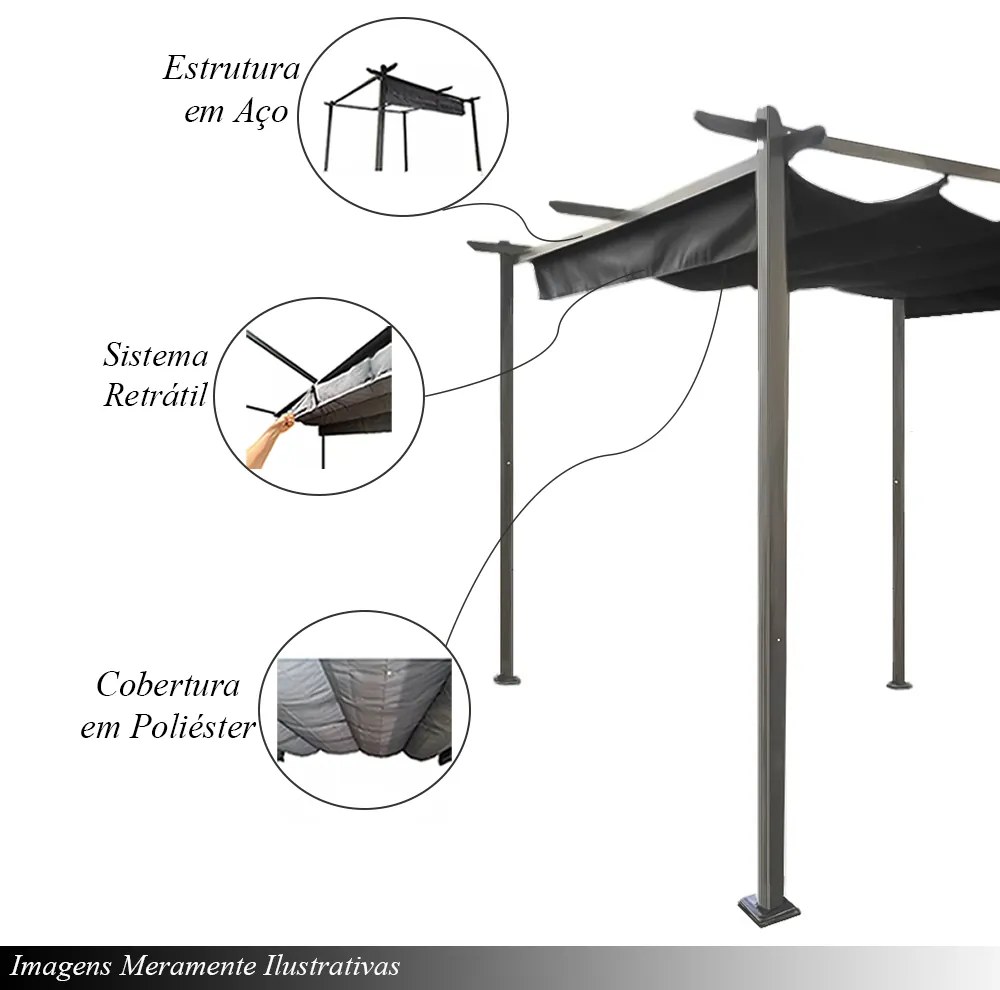 Gazebo Pergolado 3x3 Estrutura em Aço Sistema Retrátil Cobertura Poliéstar Cinza/Preto G31