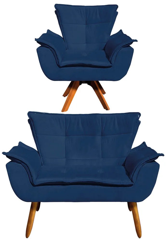 Sofá Namoradeira e Poltrona Giratória MM30 Opala Suede D03 - D'Rossi - Azul Marinho