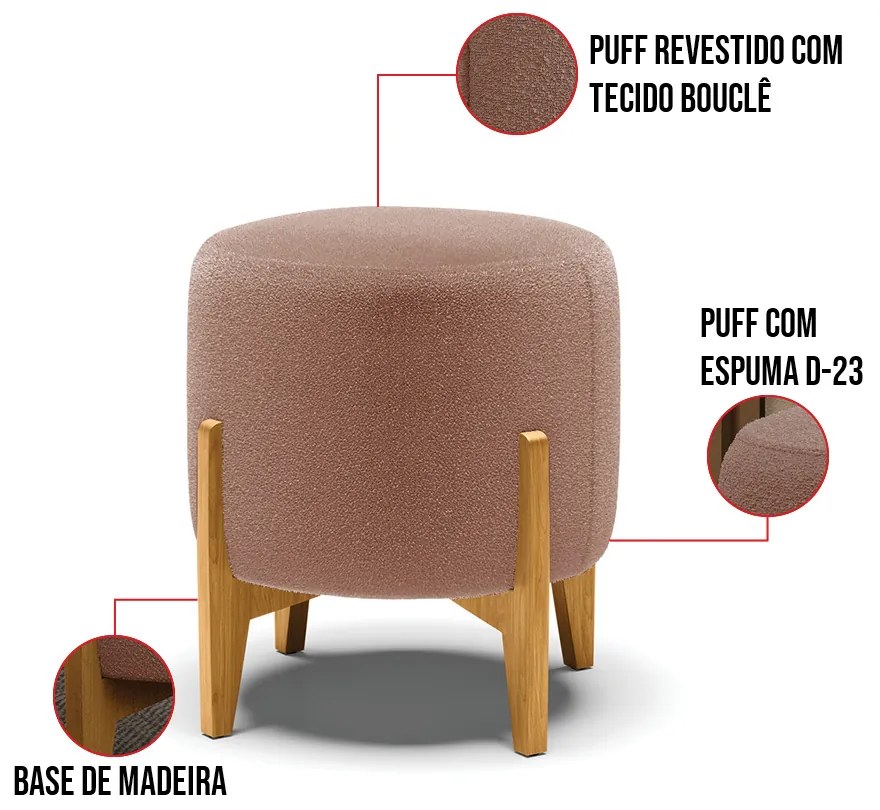 Poltrona e Puff Decorativo Base Madeira Stella Bouclê Rosê P01 - D'Rossi