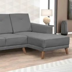 Sofá Living 3 Lugares com Chaise Direito Pés Retrô Capricho Suede Cinz