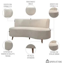 Sofá 2 Lugares para Sala Living 135cm Pés Palito Korah Z08 Boucle Bege