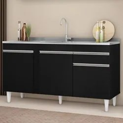 Balcão Gabinete com Pia Inox 150cm 3 Portas 1 Gaveta Dakota Preto - Lu