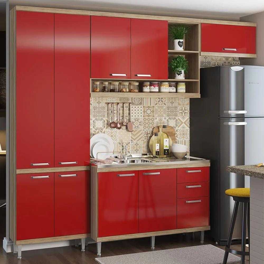 Cozinha Compacta 9 Portas Com Balcão para Pia 5840 Vermelho/Argila - Multimóveis