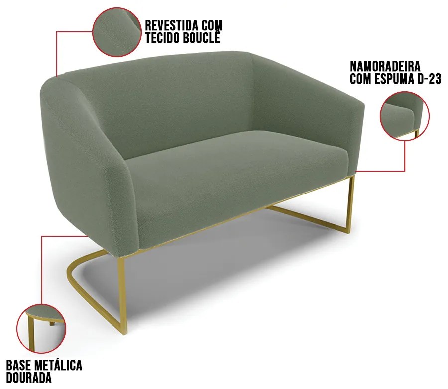 Namoradeira e 2 Poltronas Industrial Dourado Stella Bouclê Verde Pistache D03 - D'Rossi