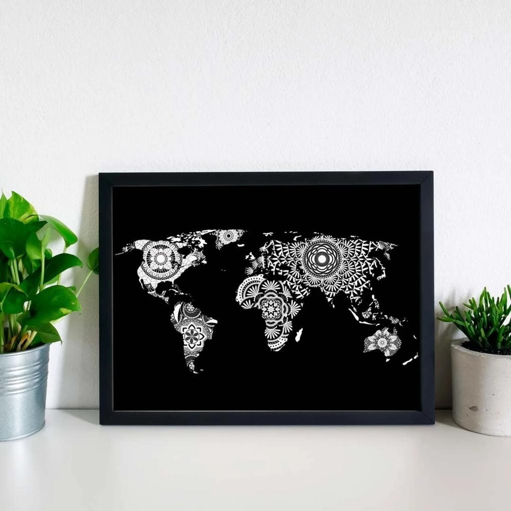 Quadro Decorativo com Moldura World Map Mandalas Preto - 20x30cm