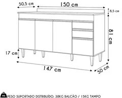 Balcão de Cozinha Para Pia 150cm com Tampo Marrocos Cinza Claro/Castan