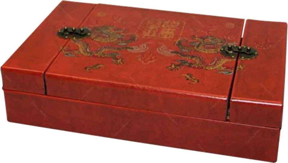 Caixinha Porta Objetos Dragão Vermelha em Madeira/Couro - 28x17 cm