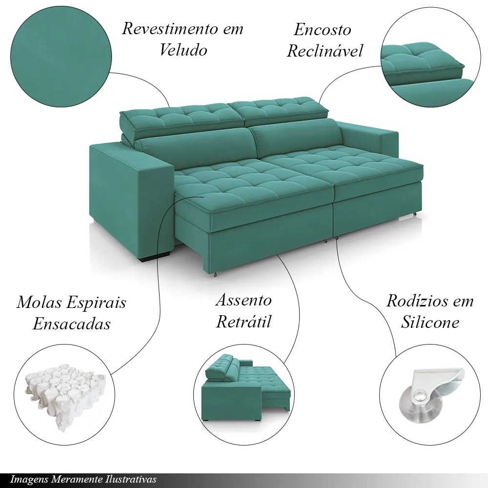 Sofá Decorativo Hugo 4 Lugares 300cm Reclinável e Retrátil Veludo Azul Turqueza G45 - Gran Belo