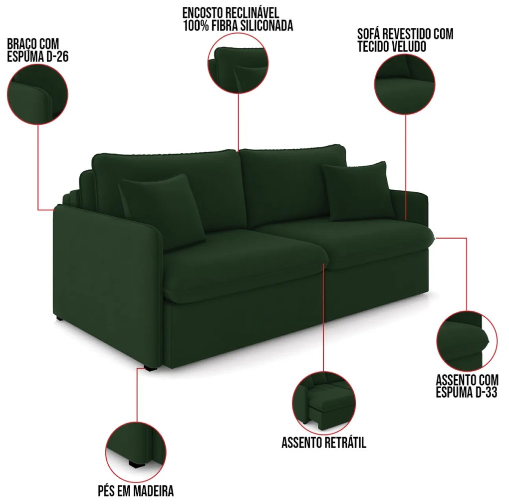 Sofá Retrátil Reclinável 3 Lugares 194cm Maili Veludo K01 - D'Rossi - Verde