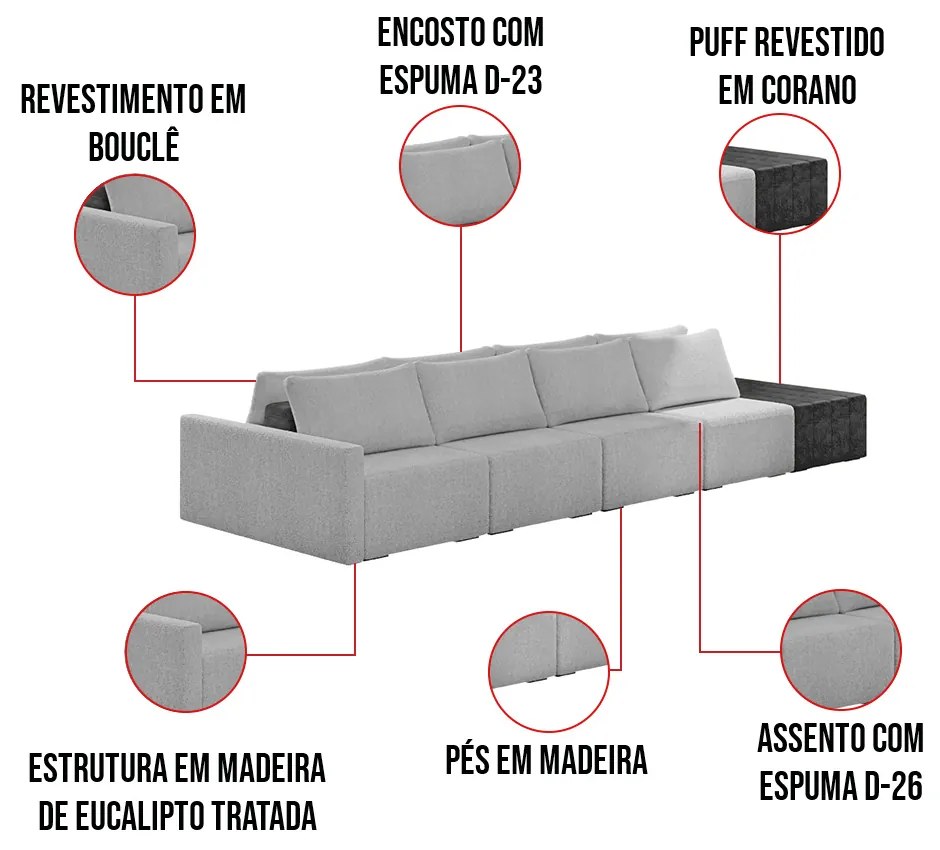 Sofá Ilha 4 Lugares Living 472cm Modulado Sala Lary Bouclê/PU Pto K01 - D'Rossi - Cinza claro