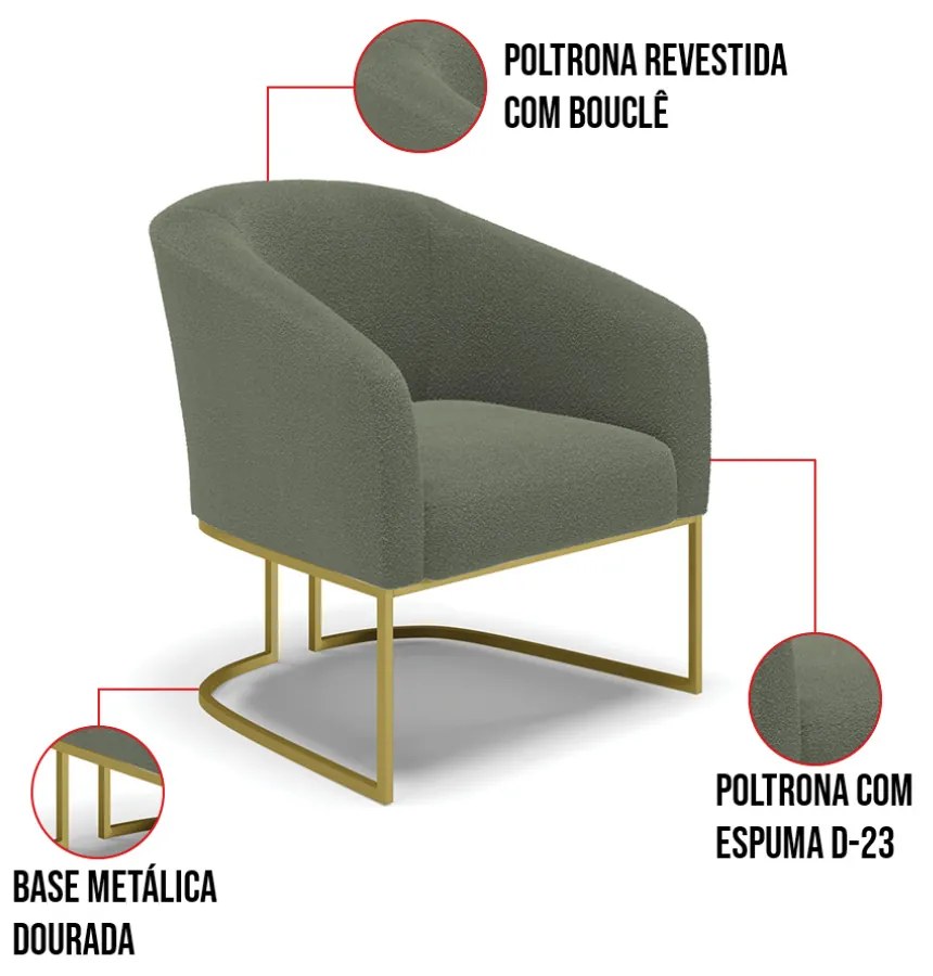 Poltrona Para Sala Industrial Dourado Kit 2 Stella Bouclê D03 - D'Rossi - Verde Pistache