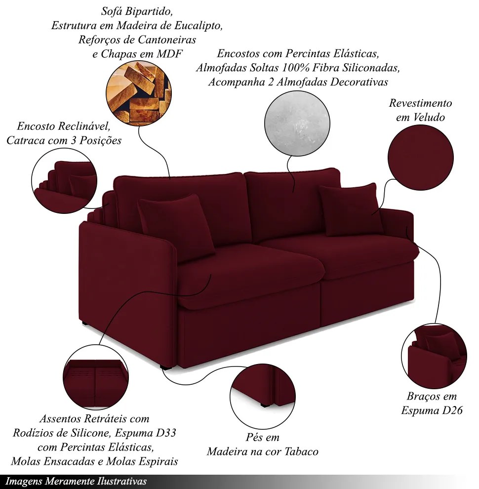 Sofá Reclinável e Retrátil Gandalf Bipartido 194cm Caixa Zero com Almofadas Veludo Bordô G33 - Gran Belo
