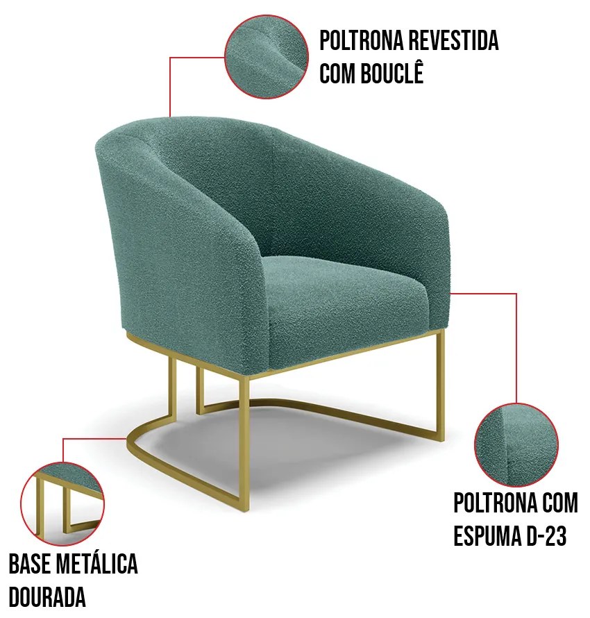 Sofá Namoradeira e Poltrona Industrial Dourado Stella Bouclê D03 - D'Rossi - Verde Menta