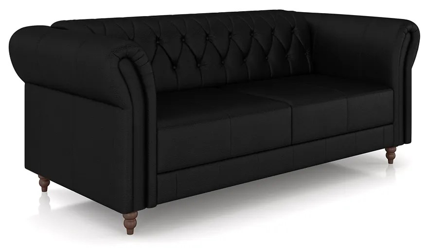 Sofá Living Sala de Estar Stanford Chesterfield 2 Lugares 200cm Pés de Madeira Couro Preto Brilho G58 - Gran Belo