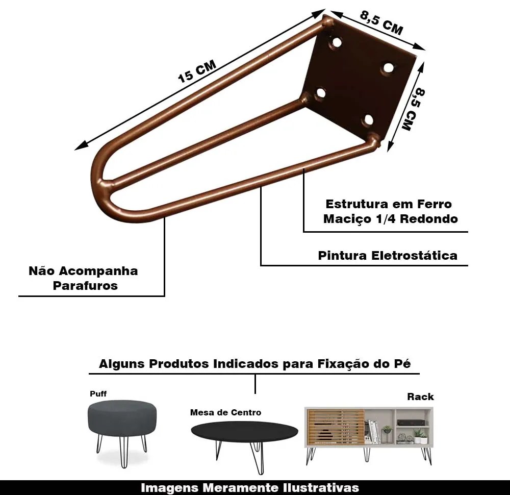 Kit 4 Pés de Metal 15 CM Hairpin Legs Mesas de Centro Puffs Bronze G41