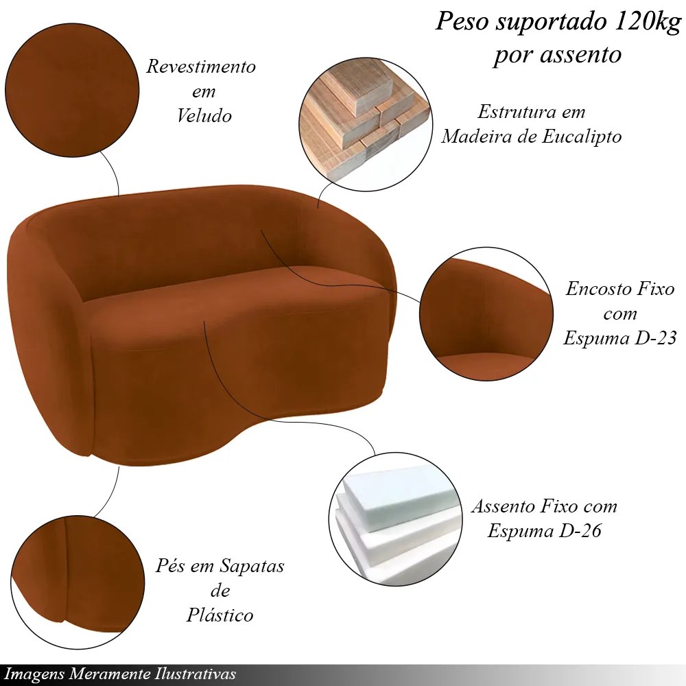 Conjunto 1 Sofá Living 180cm e 1 Poltrona Decorativa Sala de Estar Íbis Encosto Fixo Veludo Terracota G33 - Gran Belo